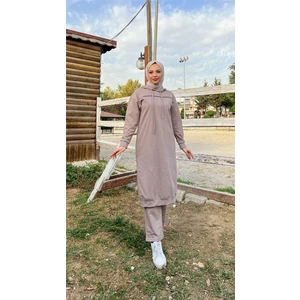 Uzun Tunik Kapşonlu Kenardan Yırtmaçlı Ikili Spor Takım - 3034 - Vizon
