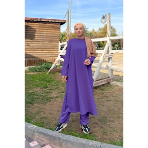 O Yaka Yırtmançlı Uzun Geniş Rahat Tunik Pantolon Sade Basic Spor Takımı - 03040.207 - Koyu Lila