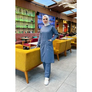 Önden Iki Cepli Sade Basic Uzun Tunik Pantolon Ikili Spor Takımı - 03067 - Indigo