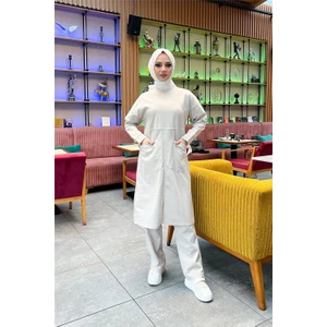 Önden Iki Cepli Sade Basic Uzun Tunik Pantolon Ikili Spor Takımı - 03067 - Ekru