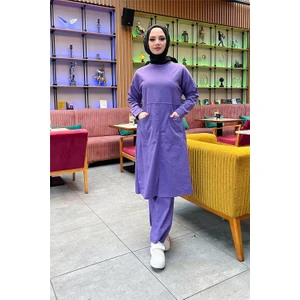 Önden Iki Cepli Sade Basic Uzun Tunik Pantolon Ikili Spor Takımı - 03067 - Koyu Lila
