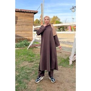 O Yaka Yırtmançlı Uzun Geniş Rahat Tunik Pantolon Sade Basic Spor Takımı - 3040 - Kahverengi