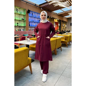 Önden Iki Cepli Sade Basic Uzun Tunik Pantolon Ikili Spor Takımı - 03067 - Bordo