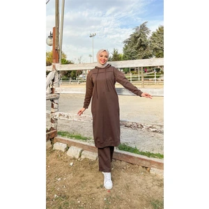 Uzun Tunik Kapşonlu Kenardan Yırtmaçlı Ikili Spor Takım - 3034 - Kahverengi