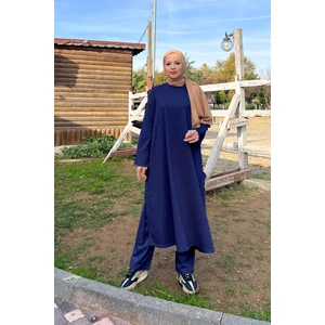 O Yaka Yırtmançlı Uzun Geniş Rahat Tunik Pantolon Sade Basic Spor Takımı - 3040 - Indigo