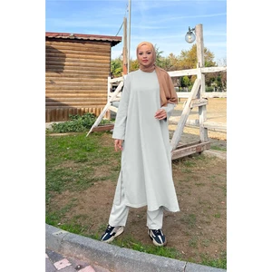 O Yaka Yırtmançlı Uzun Geniş Rahat Tunik Pantolon Sade Basic Spor Takımı - 3040 - Gri