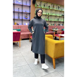 Atlas Kapşonlu Uzun Sade Basic Sweatshirt - 3007 - Antrasit