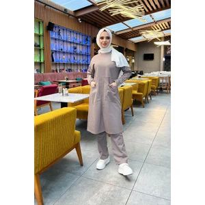 Önden İki Cepli Sade Basic Uzun Tunik Pantolon İkili Spor Takımı - 03067.016 - Vizon