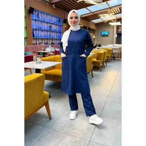 Önden Iki Cepli Sade Basic Uzun Tunik Pantolon Ikili Spor Takımı - 03067 - Açık Lacivert