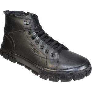 Erkek Siyah Cilt  Deri Termo Taban Fermuar Bağcıklı Soğuya Kışa Dayanıklı Bot