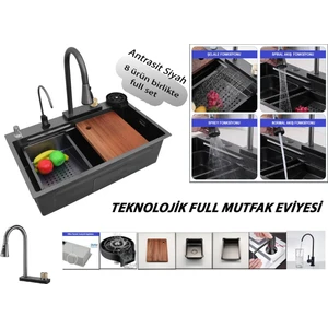 Teknolojik Eviye Full Set Siyah (Krom Evye) Şelale Evye 3 Fonksiyonlu Bataryası Dahil
