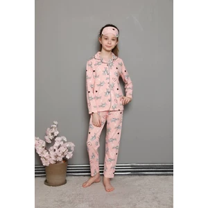 Lolli Boom Kids Kız Çocuk Uzun Kulak Tavşan Bunny Desen Pembe Renk Düğmeli Pijama Takımı