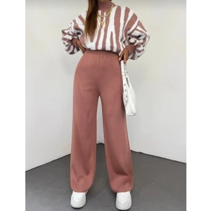 Kadın Kışlık Rahat Kalıp Bol Paça Comfort Beli Lastikli  Triko Pantolon