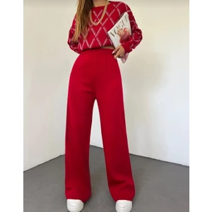 Kadın Kışlık Rahat Kalıp Bol Paça Comfort Beli Lastikli  Triko Pantolon