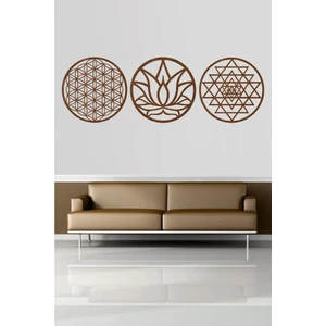 Yaşam Çiçeği Lotus Çiçeği ve Sri Yantra 3'lü Set Kahverengi Duvar Tablosu