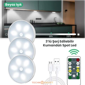 3lü Spot LED Kumandalı USB Şarjlı Akıllı Hareket Sensörlü Beyaz Işık Kablosuz Lamba