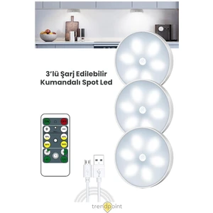 3lü Spot LED Kumandalı USB Şarjlı Akıllı Hareket Sensörlü Beyaz Işık Kablosuz Lamba
