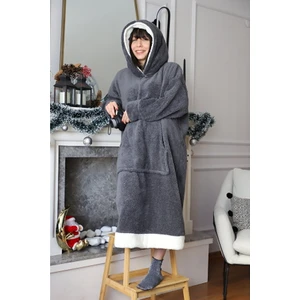 Rokeff Wellsoft Giyilebilir Battaniye Beyaz Bantlı Beyaz Kapüşonlu ANTRASİT02