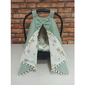 Buse Baby Home Yeşil Pikeli ve Poplin Kumaş, Ponponlu Puset Örtüsü ve Puset Minderi 2'li Set