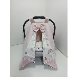 Buse Baby Home Pembe Pikeli ve Poplin Kumaş, Ponponlu Puset Örtüsü ve Puset Minderi 2'li Set