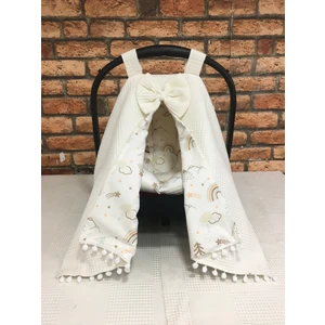 Buse Baby Home Krem Pikeli ve Poplin Kumaş, Ponponlu Puset Örtüsü ve Puset Minderi 2'li Set