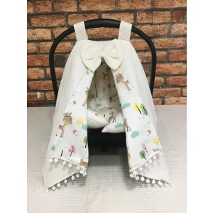 Buse Baby Home Krem Pikeli ve Poplin Kumaş, Ponponlu Puset Örtüsü ve Puset Minderi 2'li Set