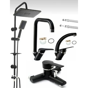 Bdl Armatür Siyah Robot Tepe Yağmurlama Banyo- Mutfak - Lavabo Bataryası Musluğu Çeşmesi 4’lü Set Paslanmaz