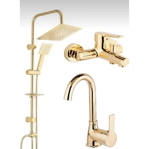 Bdl Armatür  Gold Altın Kare Robot Duş Seti, Lavabo ve Banyo Bataryası Musluğu Çeşmesi 3’lü Set