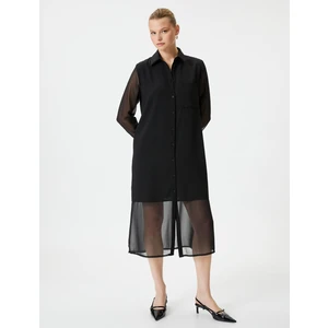 Şifon Gömlek Elbise Midi Düğmeli Cep Detaylı Uzun Kollu