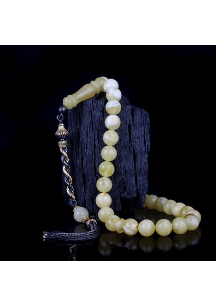 925 Ayar Çift Renk Gümüş Püsküllü 9.5 mm Damla Kehribar Tesbih