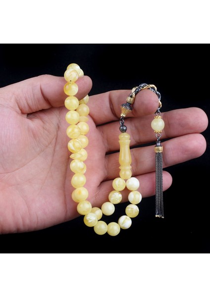 925 Ayar Çift Renk Gümüş Püsküllü 9.5 mm Damla Kehribar Tesbih modelleri