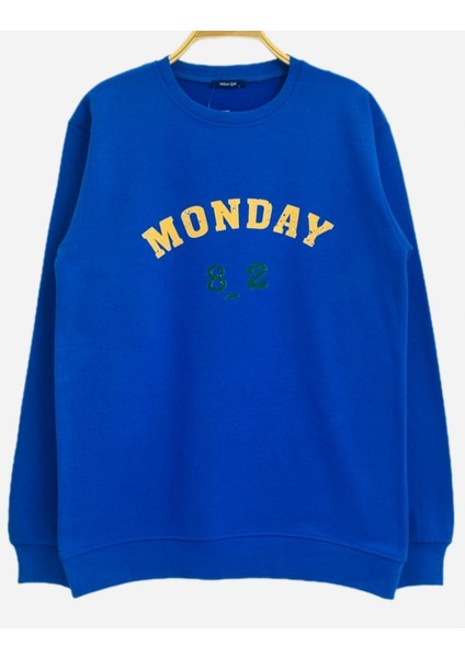 Yüksel Işık Sweatshirt Saks Mavisi Renk Bisiklet Yaka Monday 82 Baskılı