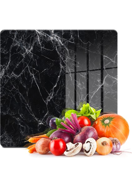 Cam Kesme Tahtası Kare Siyah Beyaz Mermer Desenli 30X30 cm