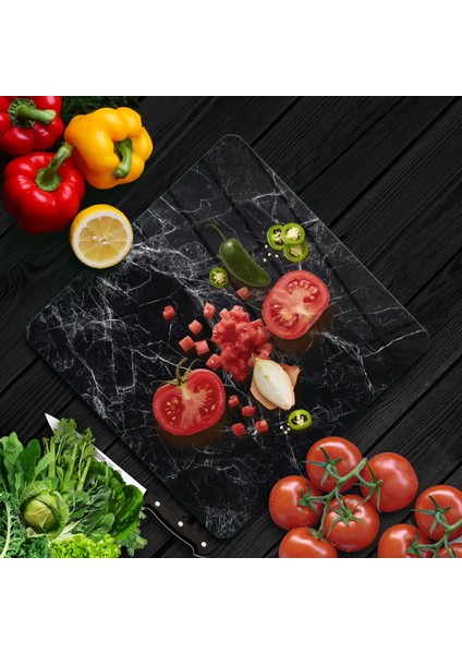 Cam Kesme Tahtası Kare Siyah Beyaz Mermer Desenli 30X30 cm fiyatları