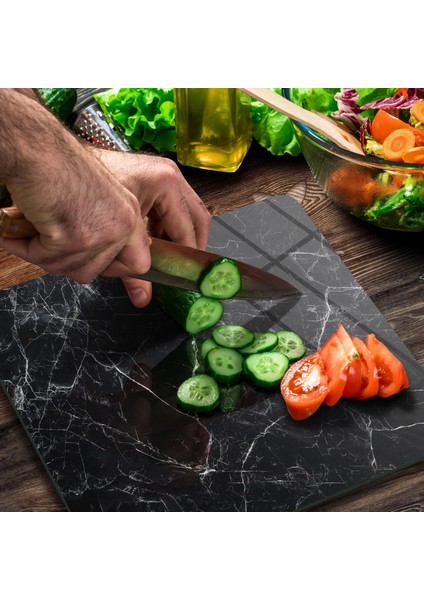 Cam Kesme Tahtası Kare Siyah Beyaz Mermer Desenli 30X30 cm modelleri