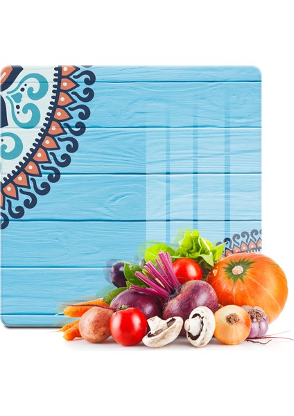 Cam Kesme Tahtası Kare Otantik Turkuaz Desenli 30X30 cm