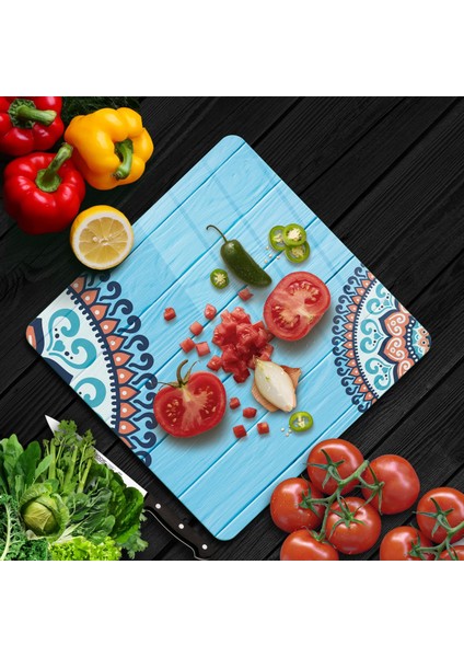 Cam Kesme Tahtası Kare Otantik Turkuaz Desenli 30X30 cm fiyatları