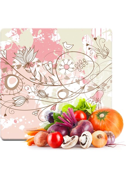 Cam Kesme Tahtası Kare Sarmaşık Çiçeği Desenli 30X30 cm