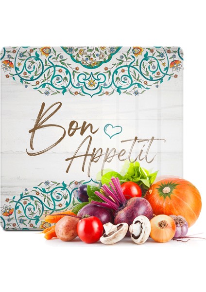 Cam Kesme Tahtası Kare Bon Appetit Desenli 30X30 cm