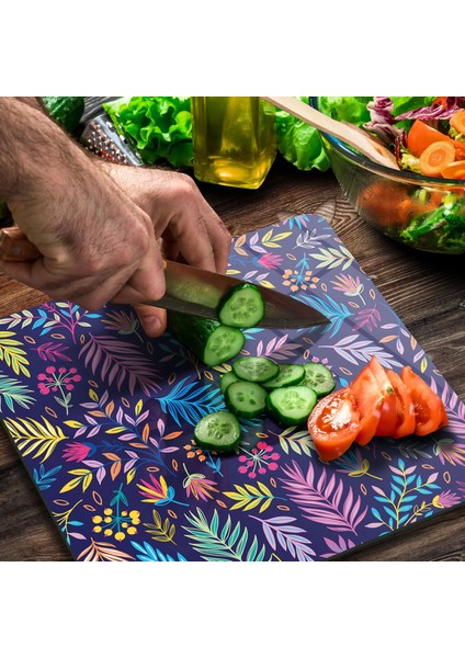 Cam Kesme Tahtası Kare Renkli Yaprak Desenli 30X30 cm modelleri