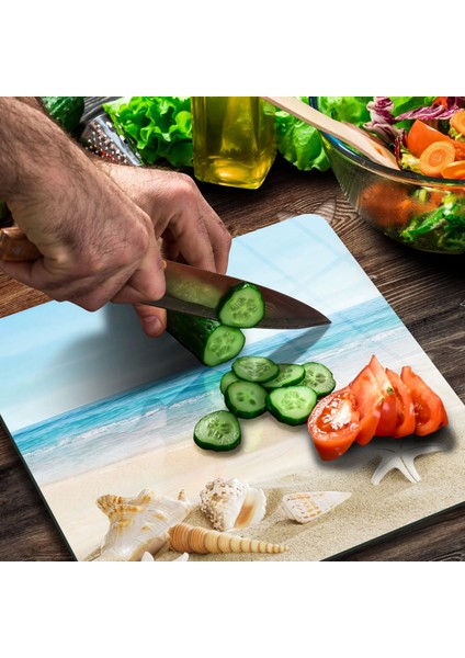 Cam Kesme Tahtası Kare Sahil Deniz Yıldızı Görünümlü 30X30 cm modelleri
