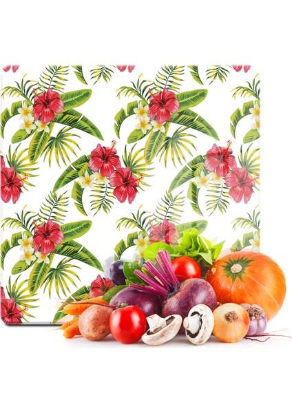 Cam Kesme Tahtası Kare Yeşil Çiçek Desenli 30X30 cm