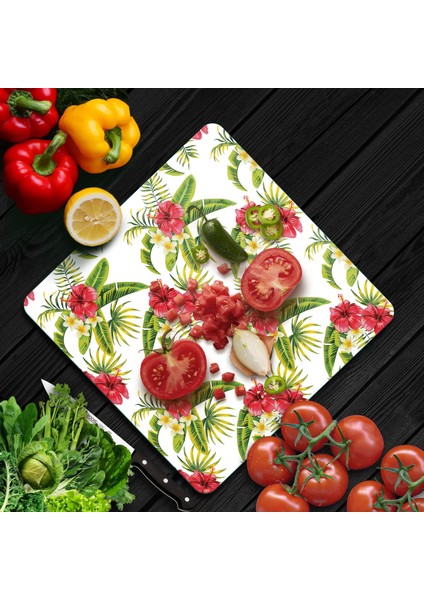 Cam Kesme Tahtası Kare Yeşil Çiçek Desenli 30X30 cm fiyatları