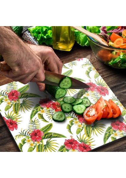 Cam Kesme Tahtası Kare Yeşil Çiçek Desenli 30X30 cm modelleri