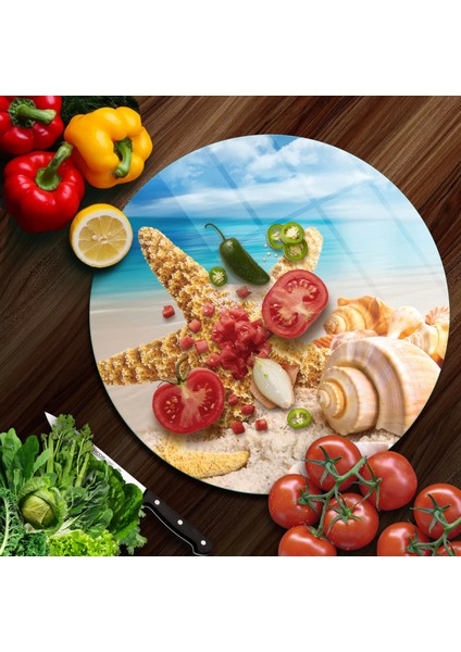Cam Kesme Tahtası Yuvarlak Deniz Yıldızı Desenli 30X30 cm fiyatları