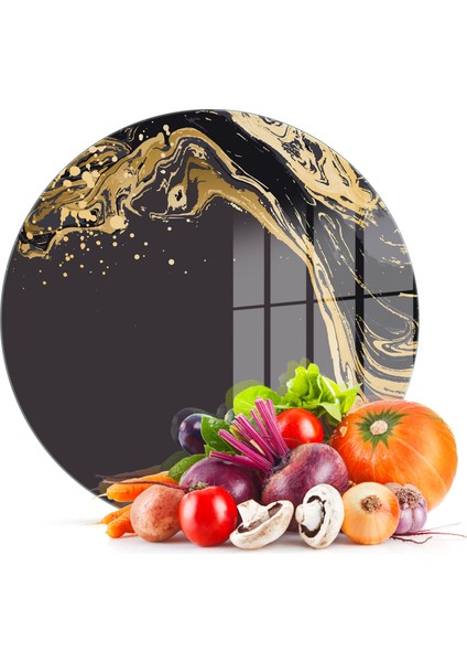 Cam Kesme Tahtası Yuvarlak Gold Dalga Desenli 30X30 cm