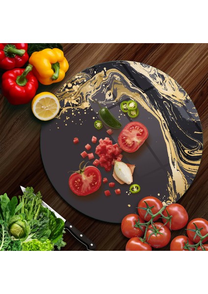 Cam Kesme Tahtası Yuvarlak Gold Dalga Desenli 30X30 cm fiyatları