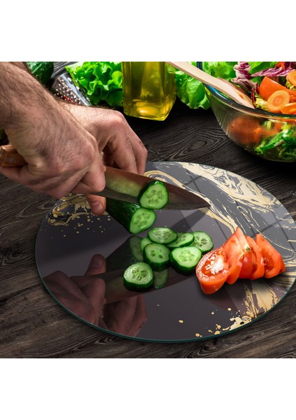 Cam Kesme Tahtası Yuvarlak Gold Dalga Desenli 30X30 cm modelleri