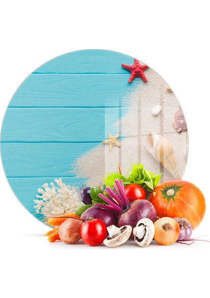 Cam Kesme Tahtası Yuvarlak Turkuaz Yaz Desenli 30X30 cm