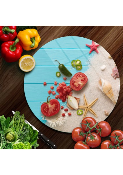 Cam Kesme Tahtası Yuvarlak Turkuaz Yaz Desenli 30X30 cm modelleri